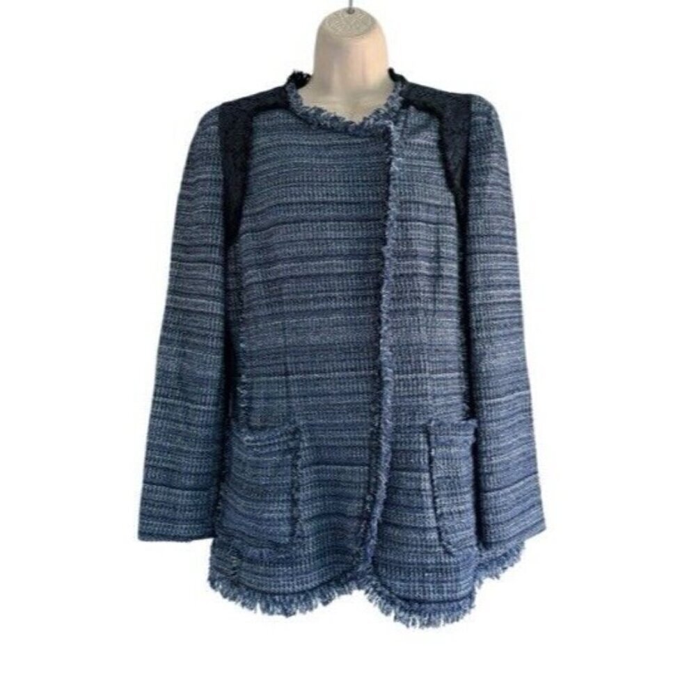Rebecca Taylor Woman's Sz S Blue Tweed Fringe Academia Blazer Lace Inserts